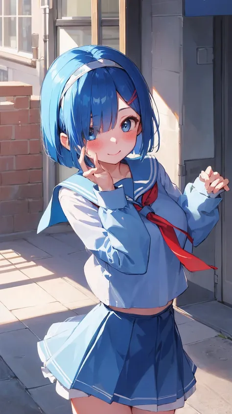 blue hair, Againm (Again:zero), [smile], blush, city,, masterpiece, highest quality, perfect lighting, 1 girl, skirt, medium bAgainasts,school uniform，sailor suit，bob cut，bob hair，headband，hair above one eye、hair accessories、