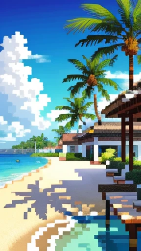 Ultra-detailed wide-angle camera captures the picturesque resort area, (vibrant colors: 1.4), bustling with activity and natural beauty. Sunbathers relax on the golden sandy beaches, (beach towel: 0.6), their silhouettes contrasting against the clear blue ...