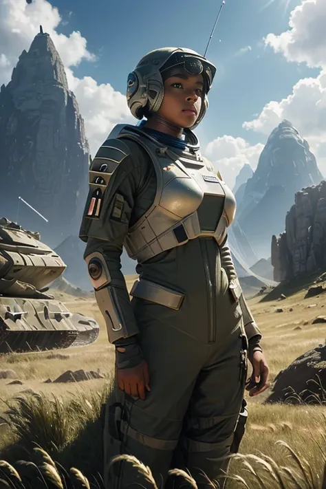 award winning (full body:0.8) (portrait photo:1.3) of a young female (sci-fi astronaut:1.3) with  a (army tank:1.4), (Stargate:1.4), looking out over a verdant alien planet, (mountains:1.2) (tall grass:1.4), rocks, fluffy clouds in the sky, trending on art...