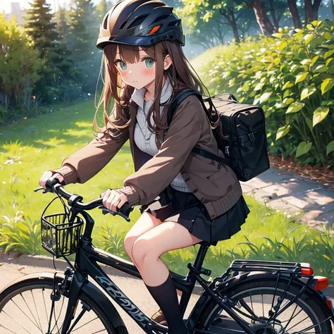 a beautiful girl is riding bike holding a helmet, bicycle, ground vehicle, outdoors, helmet, skirt, cardigan, 1girl, shoes, long hair, socks, day, road, black skirt, blush, food delivery box, kneehighs, brown hair, pleated skirt, bicycle basket, long sleev...