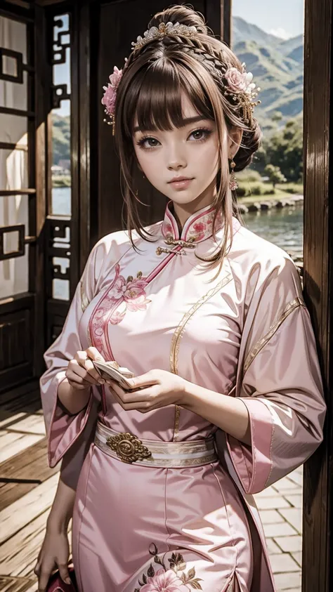 masterpiece, highest quality, Waterfront, banquet, 1 female, mature woman, elegant, Chinese style, ancient China, younger sister, Royal younger sister, Happy, Meatball Head, light brown hair, pink eyes, Gorgeous headwear, pale pink lips, pink clothes, Thre...