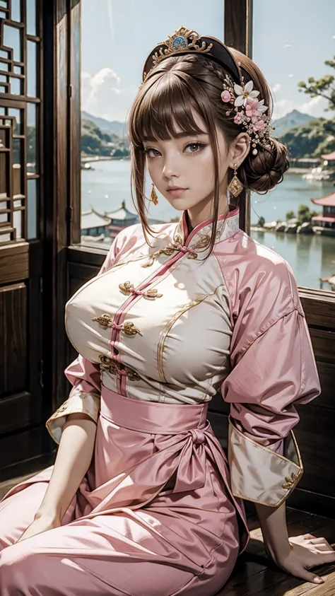 masterpiece, highest quality, Waterfront, banquet, 1 female, mature woman, elegant, Chinese style, ancient China, younger sister, Royal younger sister, Happy, Meatball Head, light brown hair, pink eyes, Gorgeous headwear, pale pink lips, pink clothes, Thre...