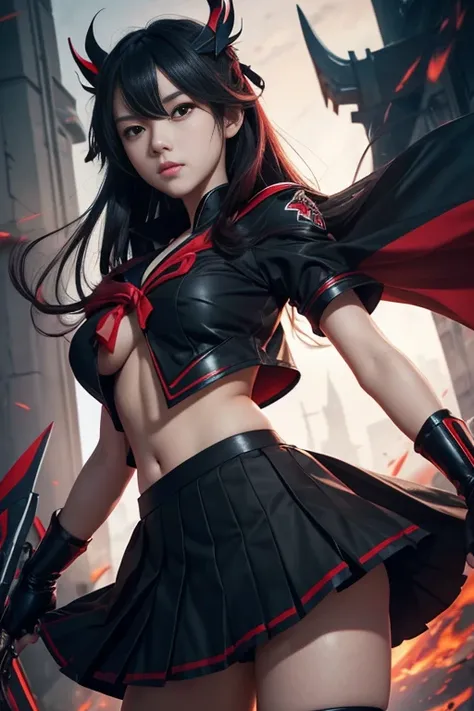 beautiful, masterpiece, best quality, extremely detailed face, perfect lighting,1girl, solo, matoi ryuuko, black serafuku, black skirt, red hair, senketsu, torn clothes, underboob