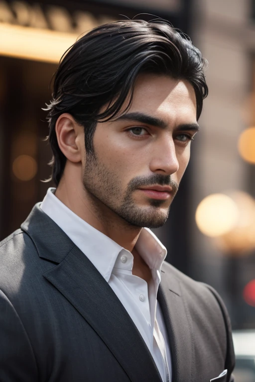 (front view) very detailed  photograph of a italian man, detailed coffee shop background, (with black hair), (dark eyes) (symmetric handsome face) nice and well defined nose, (well marked and angular jaw), proportioned and full lips, stunning realistic pho...