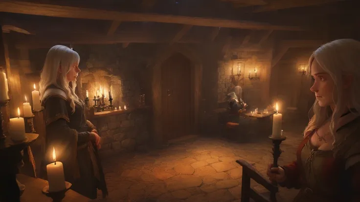 There is a room with many candles and a table, dimly-lit cozy tavern, dimly-lit cozy tavern, medieval tavern, In the fantasy tavern near the fireplace, Fantasy style 8K octane rendering, in a medieval tavern at night, Tavern evening lifestyle, realistic ci...