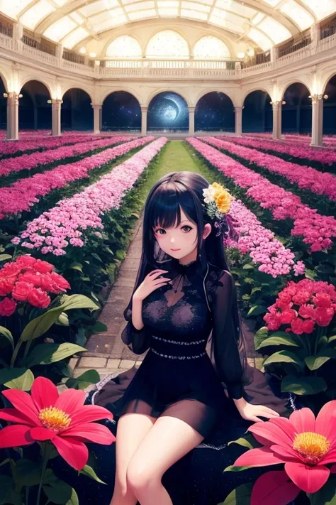 highest quality, expensive_solve, clear_image, detailed background, girl, flower, garden, starry sky,