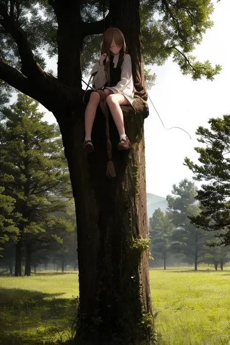 slender young girl, (Restrained to a tree by rope), closed eyes, open mouth, forest