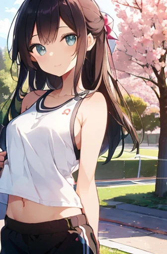 table top, highest quality, 8K_wallpaper, (beautiful eyes), ((cute)), cute, (Lovely), (Park on a sunny day),1 girl,,1 ,standing girl,smile,close up of face、Portrait(((run a marathon)))、(((jogging)))、((track and field uniform、half pants、Tank top))、