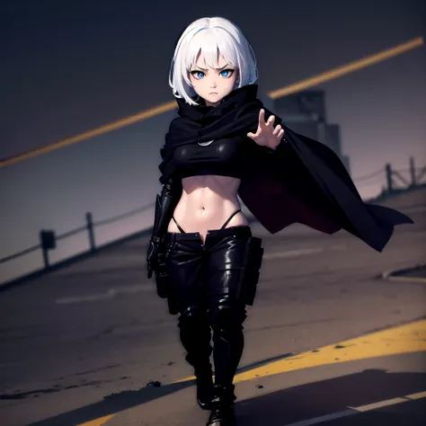 Fighting girl, epic, with particles, HD, 8k, white hair, with black cape, line marks on the face, serious face, closed mouth, casual pose, hands in Bruce Lee position, tactical pants, black hood, black lines under eyes, black polar diver, eyes with marked ...