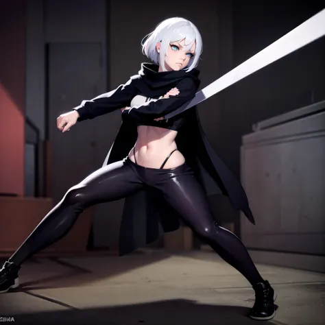 Fighting girl, epic, with particles, HD, 8k, white hair, with black cape, line marks on the face, serious face, closed mouth, casual pose, hands in Bruce Lee position, tactical pants, black hood, black lines under eyes, black polar diver, eyes with marked ...