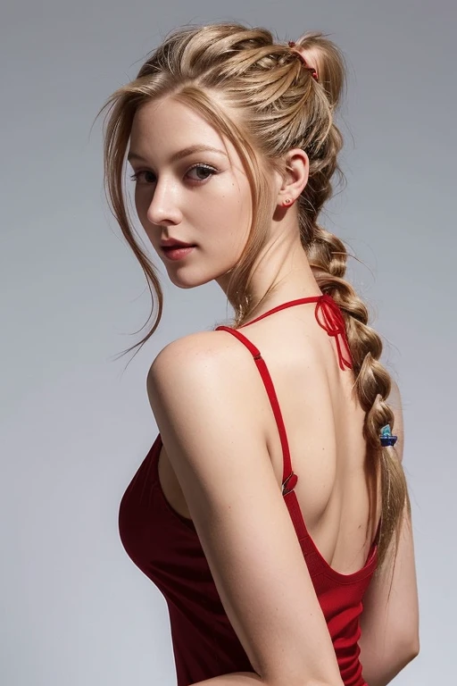 arafed woman with a red dress and a braid in her hair, long pigtail, 2 4 year old female model, long braided blond hair, long ponytail, pigtails hairstyle, hair in slick low ponytail, long blond braided hair, ponytail hair, long braided hair pulled back, p...