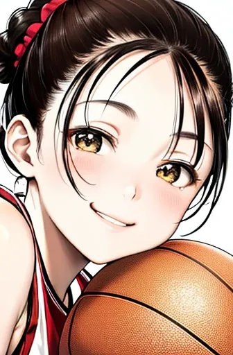 face close-up,looking side,dribbling a basketball,,smile,sportswear for basketball, adorable, japanese girl, Hair brown hair,Braid, hair scrunchie, (high color saturation:1.0), highest quality, ultra high resolution, Super detailed, 11K, RAW photo NSFW
