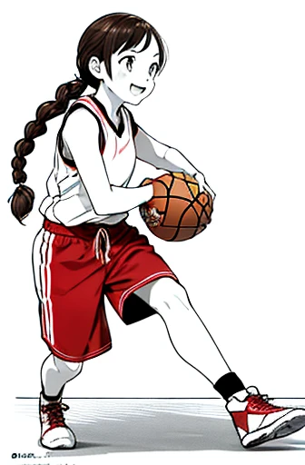 full body,looking away,dribbling a basketball,,smile,sportswear for basketball, adorable, japanese girl, Hair brown hair,Braid, hair scrunchie, (high color saturation:1.0), highest quality, ultra high resolution, Super detailed, 14K, RAW photo NSFW
