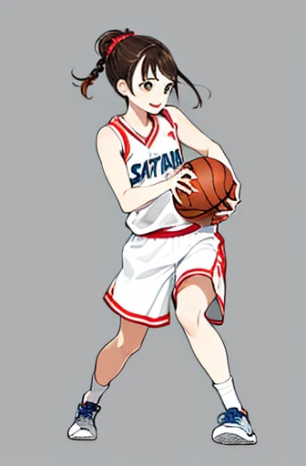 full body,looking away,dribbling a basketball,,smile,sportswear for basketball, adorable, japanese girl, Hair brown hair,Braid, hair scrunchie, (high color saturation:1.0), highest quality, ultra high resolution, Super detailed, 14K, RAW photo NSFW
