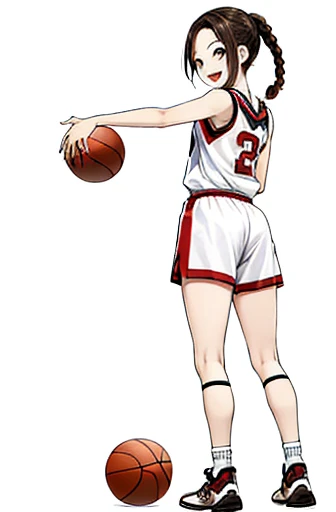 full body,looking back,dribbling a basketball,,smile,sportswear for basketball, adorable, japanese girl, Hair brown hair,Braid, hair scrunchie, (high color saturation:1.0), highest quality, ultra high resolution, Super detailed, 15K, RAW photo NSFW
