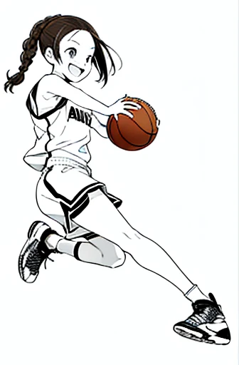 full body,looking down,dribbling a basketball,,smile,sportswear for basketball, adorable, japanese girl, Hair brown hair,Braid, hair scrunchie, (high color saturation:1.0), highest quality, ultra high resolution, Super detailed, 16K, RAW photo NSFW
