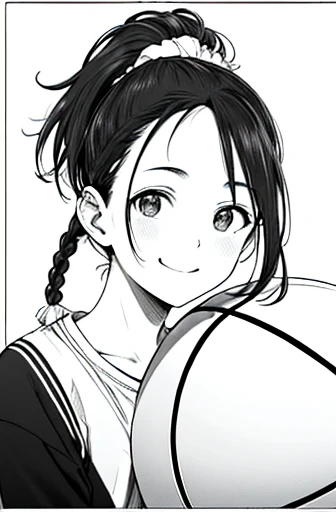 head shot,looking at viewer,dribbling a basketball,,smile,sportswear for basketball, adorable, japanese girl, Hair brown hair,Braid, hair scrunchie, (high color saturation:1.0), highest quality, ultra high resolution, Super detailed, 19K, RAW photo NSFW
