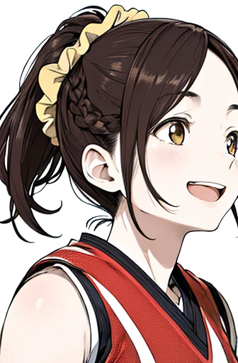 head shot,looking up,dribbling a basketball,,smile,sportswear for basketball, adorable, japanese girl, Hair brown hair,Braid, hair scrunchie, (high color saturation:1.0), highest quality, ultra high resolution, Super detailed, 24K, RAW photo NSFW
