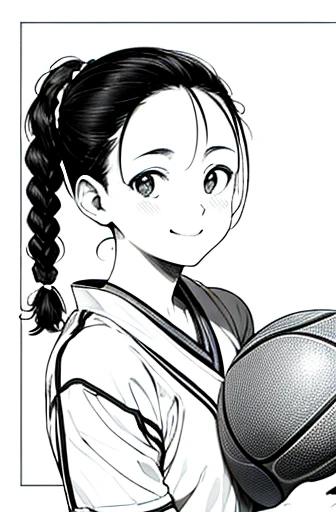 upper body,looking at viewer,dribbling a basketball,,smile,sportswear for basketball, adorable, japanese girl, Hair brown hair,Braid, hair scrunchie, (high color saturation:1.0), highest quality, ultra high resolution, Super detailed, 25K, RAW photo NSFW
