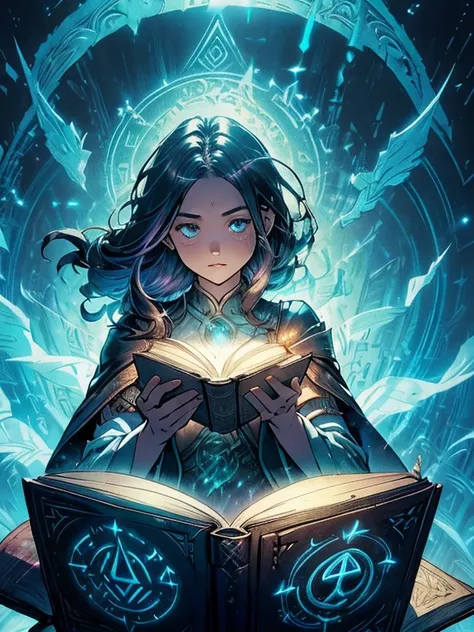 a mystical and weathered tome of arcane knowledge. Envision a faded, leather-bound book adorned with ethereal runes and symbols. Let the pages appear both ancient and alive, radiating a soft, iridescent glow. Include subtle hints of swirling Eldertide ener...