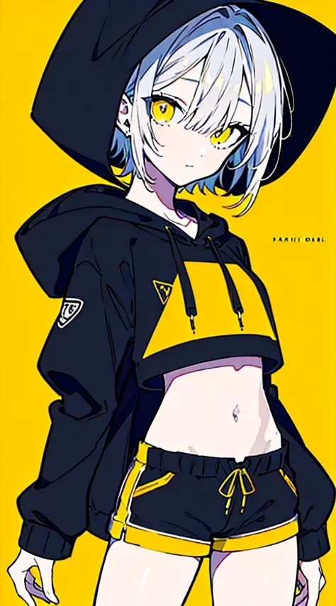 (masterpiece, highest quality:1.6), alone, thick outline, (simple background, Dark yellow background, monochrome, dark yellow theme:1.2), official art, Key Visual, 8K, disorganized, whole body, (Unique hair, Oversized Hoodies, hot pants, arch back, short t...