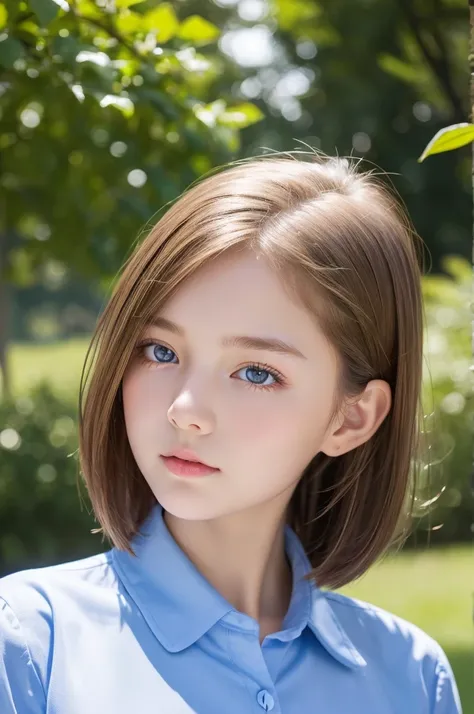 bright look、photorealism、highest quality、Super high resolution、The most beautiful Nordic girls photos、cute and beautiful face details、small face、school uniform、big breasts、Slender、17 years old、Crystal clear white skin、big light blue eyes、short bob、cowboy s...