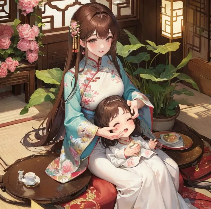 masterpiece, best quality, married woman， aldult, Chinese style, China, elder sister,  Smile, hairpin，brown hair, Princess，Full of motherhood，China传统服饰，purely，blush，Dignified yet lively，Mother，Hands on the stomach，Mature，Pregnant，Beautifully，pregnancy，wife