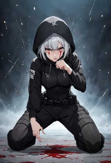 Fighting girl, epic, with particles, HD, 8k, white hair, with black cape, line marks on the face, serious face, closed mouth, casual pose, hands in Bruce Lee position, tactical pants, black hood, black lines under eyes, black polar diver, eyes with marked ...