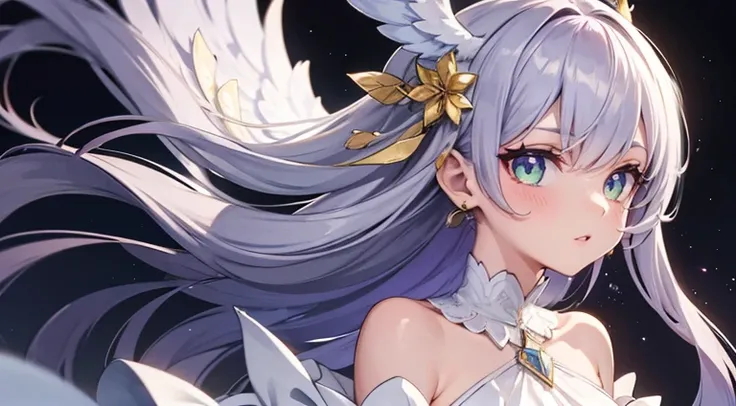 Ultra details, long purple gray hair, green eyes, white pupil, 3 diamond makeup under eyes, white wing under ears, elegant dress purple and white, gold accessories,