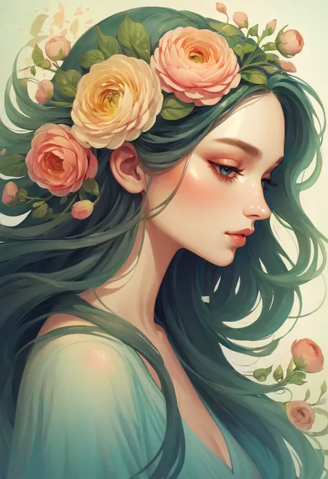 Painting of a beautiful woman in profile with long hair and ranunculus flowers in her hair, beautiful digital illustrations, Beautiful artwork illustration, amazing digital illustrations, beautiful digital artwork, Inspired by Anna Dittman, amazing digital...