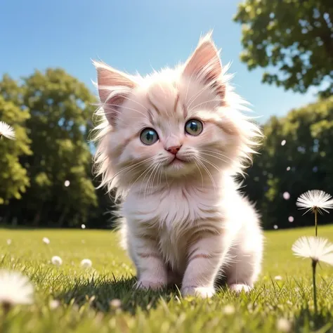 small, fluffy, pink kitten with a cute face, on a green sunny meadow, holds a white dandelion in its paws, dandelion seeds fly in the air like white snowflakes