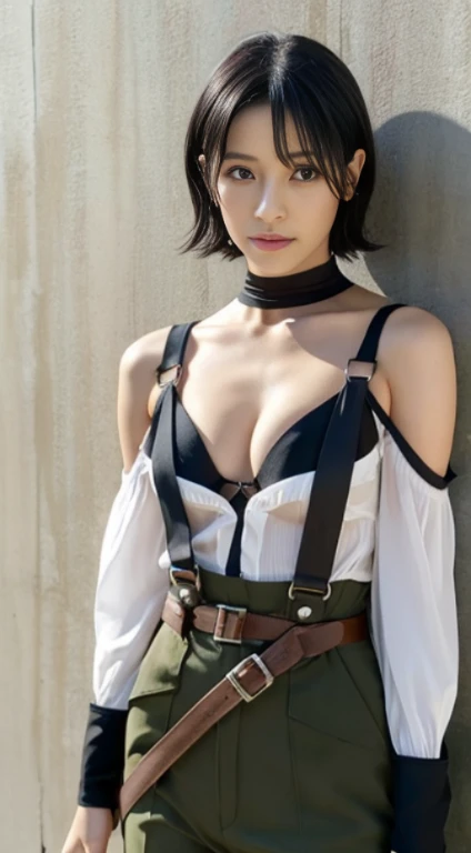 aot style, shingeki no kyojin, mikasa ackerman,cleavage，Off-the-shoulder attire 1girl, arm strap, bangs, black hair, black pants, breasts, cowboy shot, embers, green eyes, grey background, hair between eyes, harness, long sleeves, looking at viewer, medium...