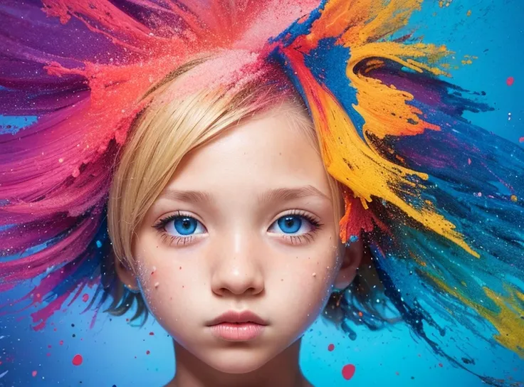 a whole head of a kid, blonde hair , popping several colorful splashes, abstract, Art by Alberto Seveso, intricate (((solo)))), backgroundless, higher definition, 8k, photorealism, stlye portrait, masterpiece