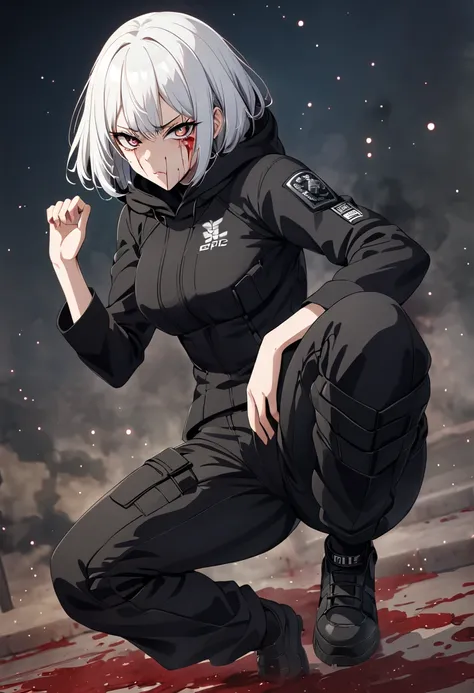 Fighting girl, epic, with particles, HD, 8k, white hair, with black cape, line marks on the face, serious face, closed mouth, casual pose, hands in Bruce Lee position, tactical pants, black hood, black lines under eyes, black polar diver, eyes with marked ...