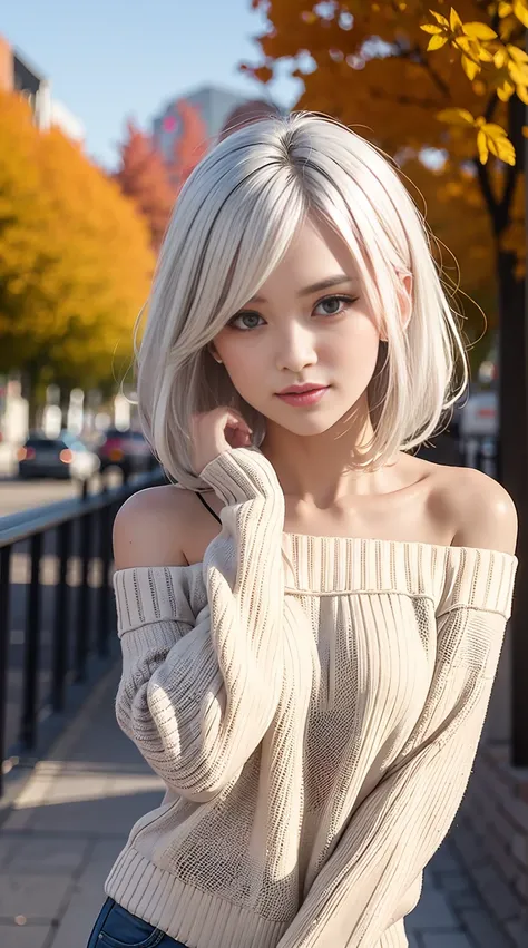 Medium Shot Shot, A beautiful woman looks at the camera, White hair, Chris Foss autumn off-the-shoulder sweater
