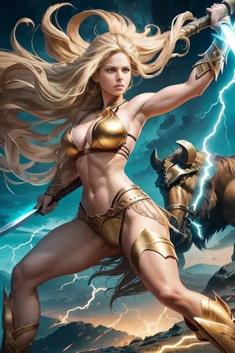 A high-quality, hyper-realistic depiction of a bold and fierce nude warrior girl graces the scene. With large breasts confidently exposed, she dons only warrior shoes, ready for battle. Her fierce gaze intensely holds aloft a mammoth sword, gleaming with a...