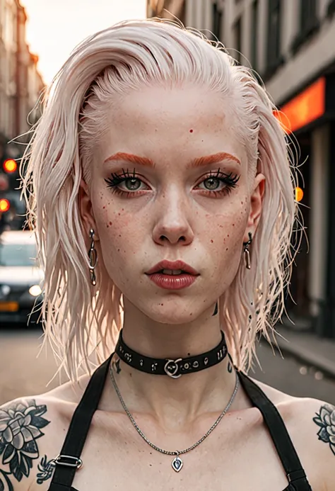 Tips for the first topic are as follows： quality, 8K, 32K, On a table:1.3), ultra - detailed, (realistically:1.4), white colors, albinism, punk girl, upper part of body, redhead, Avant-garde punk fashion, Avant-garde makeup, numerous piercings, Have lots o...