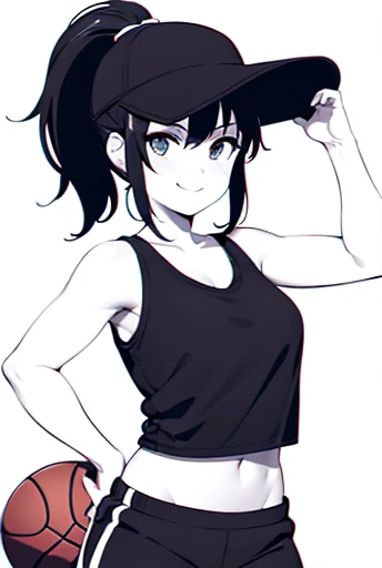 cowboy shot,looking at viewer,smile,sportswear for basketball, adorable, girl,ponytail, (high color saturation:1.0), highest quality, NSFW,line drawing,black and white,line art
