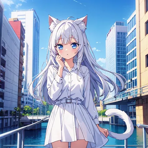 1 girl, It will be, looking at the audience, white hair, there is nothing, cat ears, cat tail, White shirt, open clothes, City, Babaizi