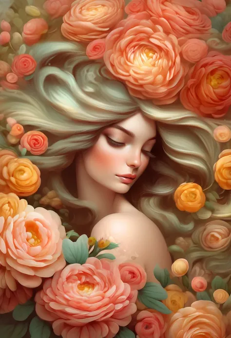 Painting of a woman with long hair and ranunculus flowers in her hair, beautiful digital illustrations, Beautiful artwork illustration, amazing digital illustrations, beautiful digital artwork, Inspired by Anna Dittman, amazing digital art, exquisite digit...