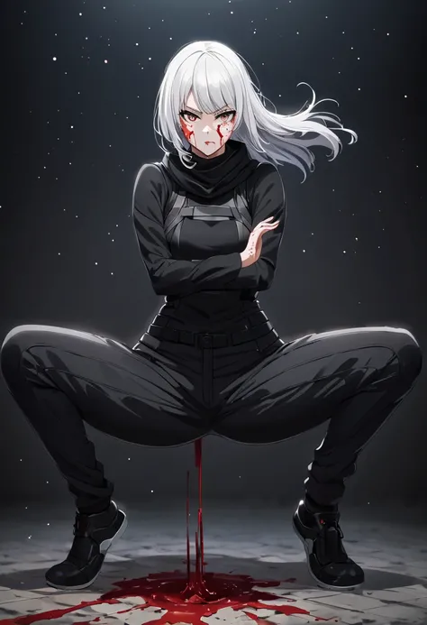 Fighting girl, epic, with particles, HD, 8k, white hair, with black cape, line marks on the face, serious face, closed mouth, casual pose, hands in Bruce Lee position, tactical pants, black hood, black lines under eyes, black polar diver, eyes with marked ...