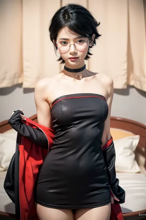 1girl, sarada uchiha in anime boruto, short hair, black hair, red eyes, smile, beautiful, sexy dress, sexy clothes, red clothes,...