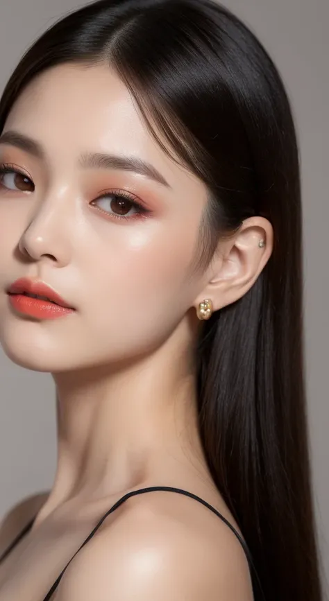 ((Best quality, 8k, Masterpiece :1.3)), Sharp focus :1.2, Chinese artist. Viann Zhang xinyu. ((Viann Zhang xinyu. 24 years old)) body. thin. slim. captivating. ((face with make-up. dark orange lipstick)) long thin straight black hair long

Strapless Tube M...