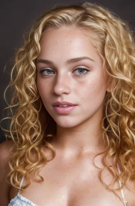 a photo portrait of a beautiful girl with curls and lots of freckles, (dirty blonde hair), (face portrait:1.5), dramatic light , Rembrandt lighting scheme, (hyperrealism:1.2), (8K UHD:1.2), (photorealistic:1.2), shot with Canon EOS 5D Mark IV, detailed fac...