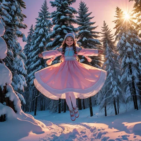 Snow Maiden girl, in a wide forest clearing, jumping over the fire, the tops of the fir trees are illuminated by the pink sunset, Children dance around the Snow Maiden and the fire