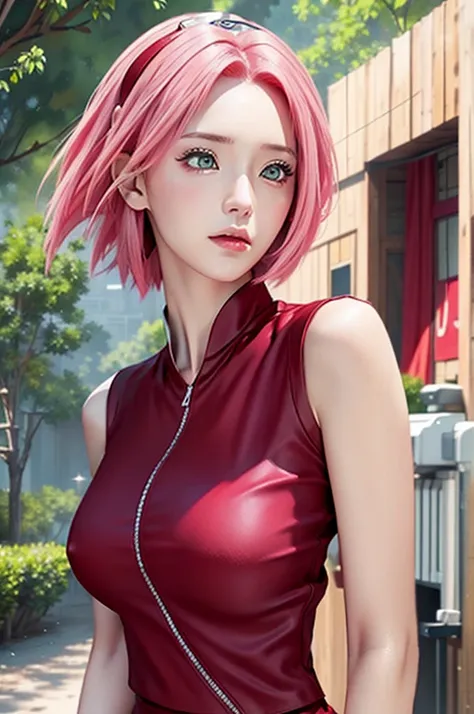 1girl, haruno sakura in anime naruto, short hair, pink hair, green eyes, beautiful, red clothes, very big breast, realistic clothes, detail clothes, outdoor background, ultra detail, realistic