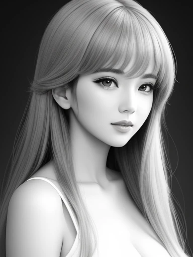 girl、line art、line drawing、grayscale