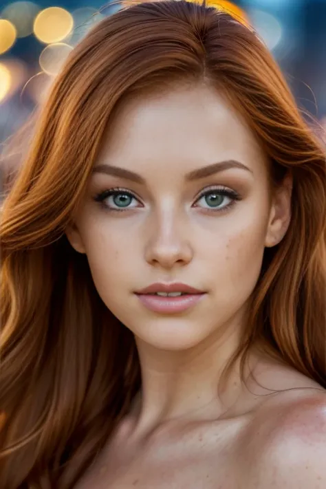 (close-up editorial photo of 25 yo woman, ginger hair, slim American sweetheart), (freckles:0.8), (lips parted), realistic green eyes, (catchlight in eyes), POV, realistic, film grain, 25mm, f/1.2, dof, bokeh, beautiful symmetrical face, perfect sparkling ...