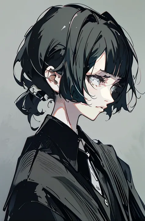 Short hair at front, ponytail, front view, collar