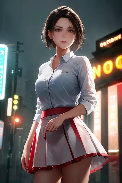 1girl, cowboy shot of zotovalentine, white shirt, red skirt, athletic, city, night, neon, rain, volumetric lighting, best quality, masterpiece, intricate details, tonemapping, sharp focus, hyper detailed, trending on Artstation, realistic, 